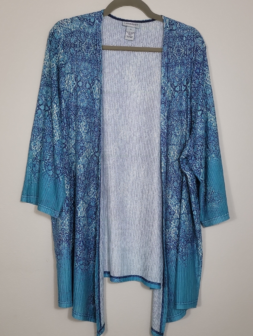 Catherines Open Cardigan Size 2X Blue Longline Lightweight Stretch Plus Boho